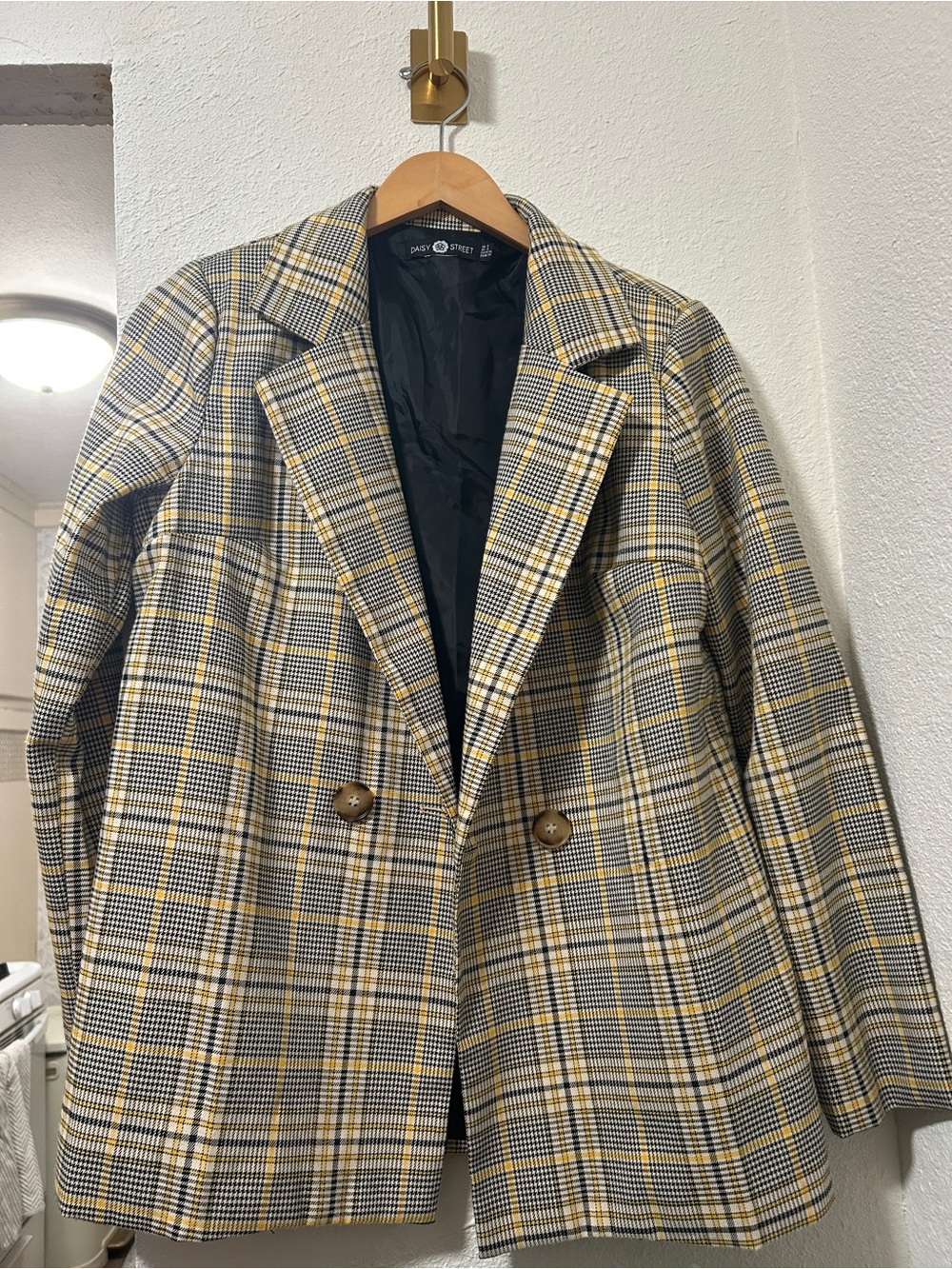 Checked Double-Breasted Blazer Jacket - Yellow/Black/Gray